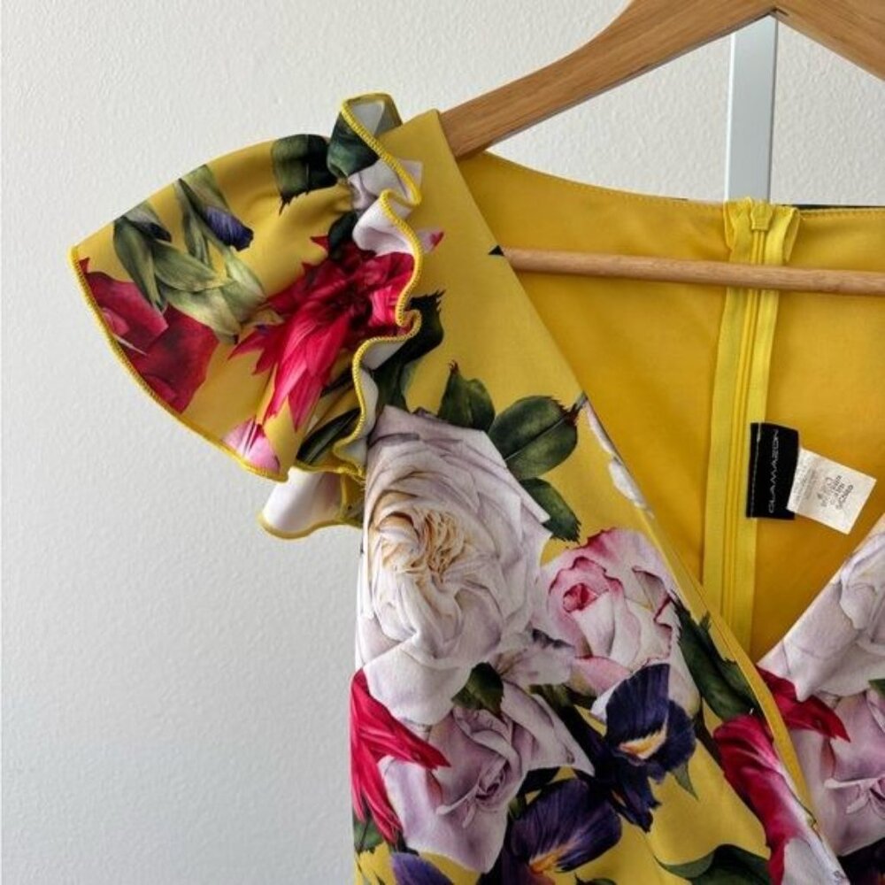Glamazon Dress Small Colorful Floral Ruffle Bodycon Coquette Tropical Romantic - Picture 12 of 12